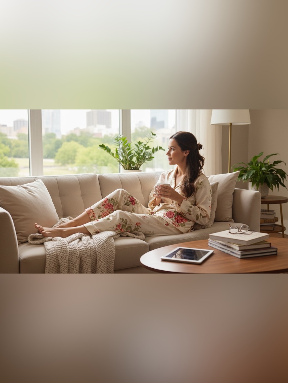 Oscar de la Renta Cream Satin Floral Pajama Set